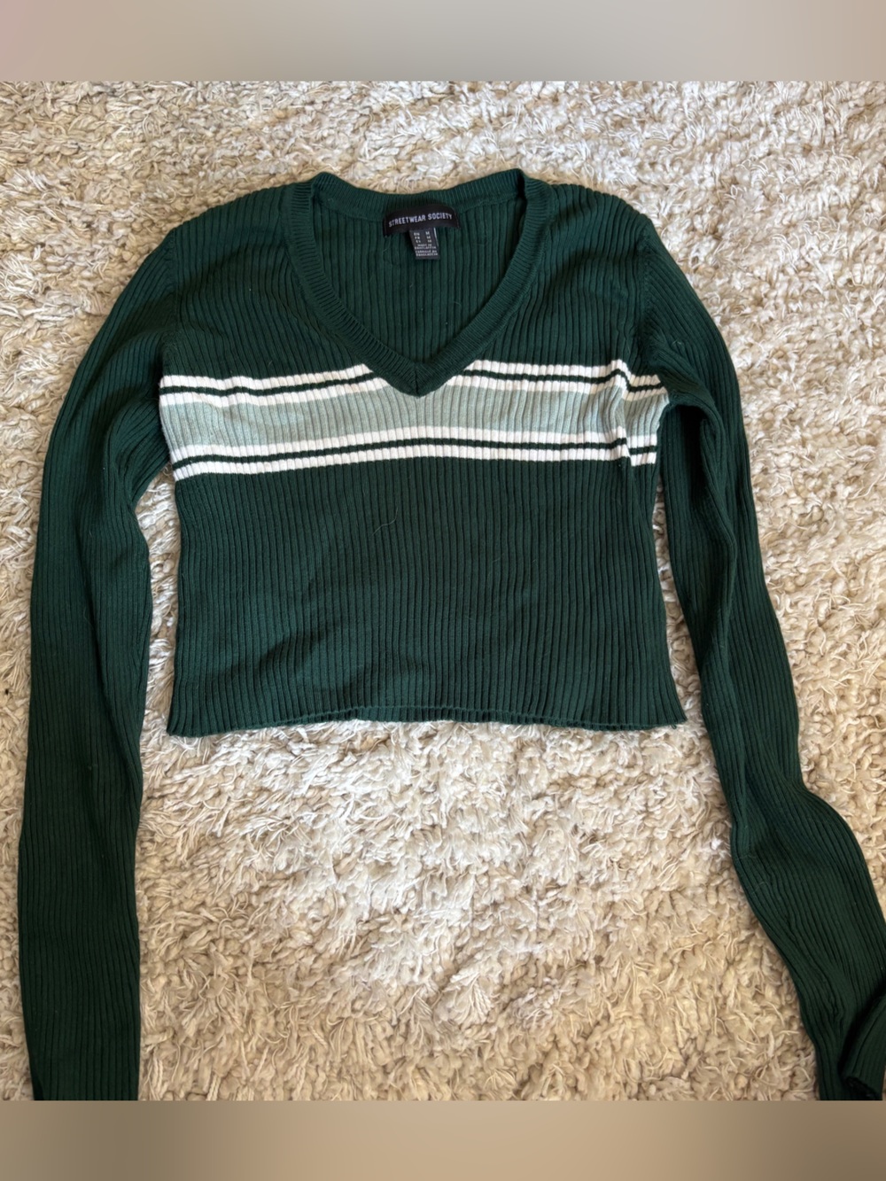 Green Striped V-Neck Ribbed Long-Sleeve Top